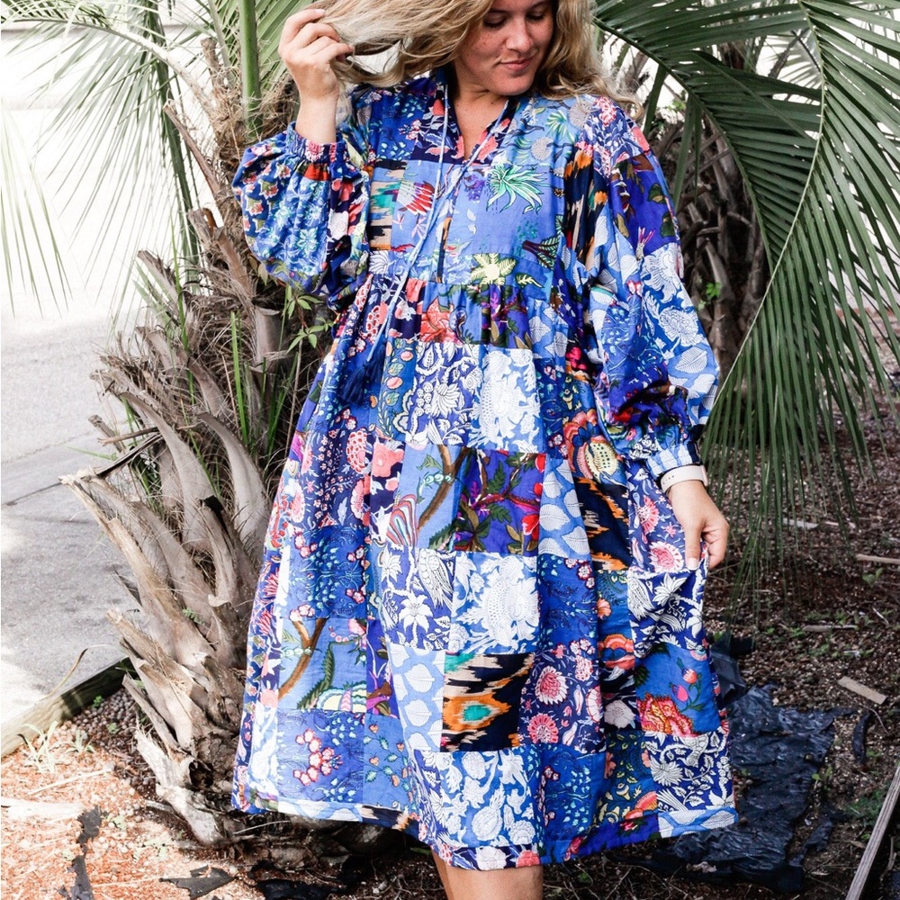 Nilah Patchwork Boho Cotton Blue Dress
